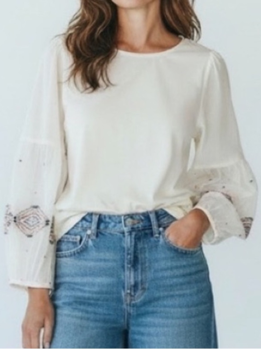 New Cost Plus World Market Cream Blouse Embroidered Sleeves sheer poof Sleeves